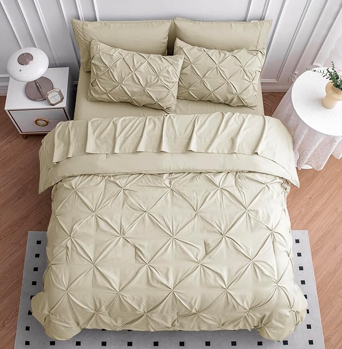 LANE LINEN King Comforter Set, 7 Piece King Size Bedding Set, Pintuck King Size Comforter Set with Sheets, Pillowcases & Shams, Soft King Bed in a Bag Set, King Size Bedding Set, King Bed Set - Linen