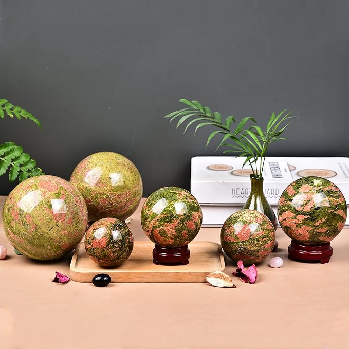 JIC Gem Healing Crystal Sphere Ball with Wood Stand Natural Unakite Rock Gemstone Sphere Crystal Orbs for Meditation Grid Decor (80-90mm)