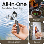 Orblue 4-in-1 Camping Eating Utensils, 2-Pack - Portable Spoon, Fork, Knife & Bottle Opener Combo Set - Stainless Steel Flatware with Detachable Fork - Travel, Backpacking Cutlery Multitool, Black