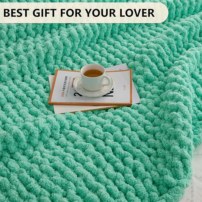L'AGRATY Chunky Knit Blanket Throw: 60''x80'' Chenille Chunky Knitted Throw Blanket for Bed Couch - Handmade Thick Big Cable Knit Blanket - Large Crochet Rope Blanket for Home Decor(Aqua)