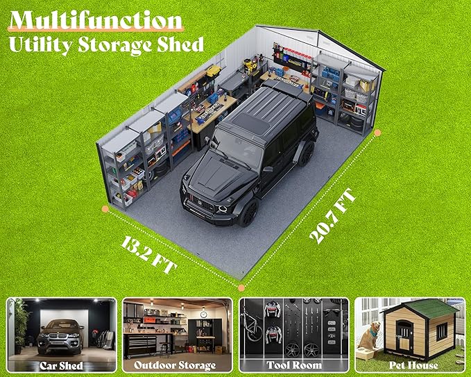AMERLIFE 13x21x8.4 FT Outdoor Metal Garage Shed, Extra Large Storage Shed with Double Hinged Doors & 4 Windows, Carport for Car, Truck, Bicycle and Equipment Storage, Dark Gray