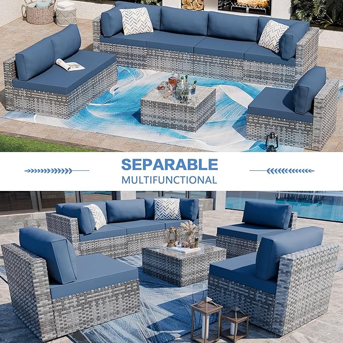 Shintenchi 7 Pieces Outdoor Patio Sectional Sofa Couch, Silver Gray PE Wicker Furniture Conversation Sets with Washable Cushions & Glass Coffee Table for Garden, Poolside, Backyard (Aegean Blue)
