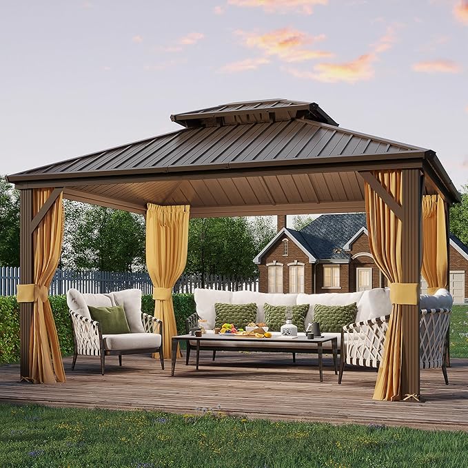 YOLENY 10' x 12' Hardtop Gazebo, Metal Gazebo with Aluminum Frame, Double Galvanized Steel Roof, Curtains and Netting Included, Pergolas for Patios, Garden, Parties, Lawns
