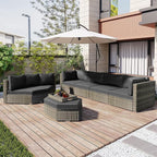 Patio 7-Piece Set, Half-Moon Curved Sectional Sofa Outdoor Rattan Furniture with Ottoman and No-Slip Cushions for Balcony, Porch, Garden, Zc-Grey