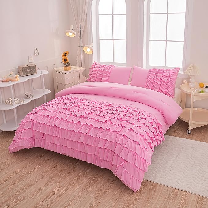 Pink Comforter Set Queen Size, 5 Pcs Bed in a Bag Girls Queen, Girls Queen Comforter Set, Girls Pink Bedding Queen, Teen Bedding Sets for Girls Kids