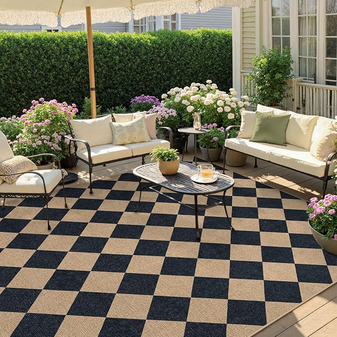 Lahome Checkered Easy Jute Outdoor Rug, Large 6x9 Rug for Living Room Checkerboard Indoor Outdoor Carpet, Farmhouse Patio Office Mat Geometric Non Slip Black Carpet for Backyard Dining Room