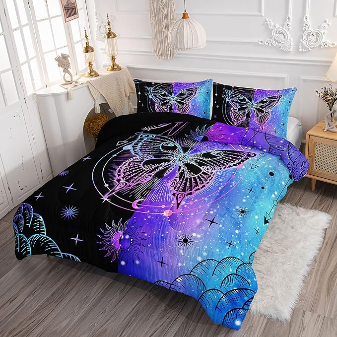 Datura home Black Blue Butterfly Comforter Set for Girls Women,Boho Butterfly Sun and Moon Mandala Printed Bedding Set with 2 Pillowcases(Black Blue Full)