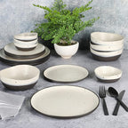 Gibson Elite Rhinebeck 16-Piece Double Bowl Dinnerware Set, Service for 4 – White and Black Stoneware Plates and Bowls
