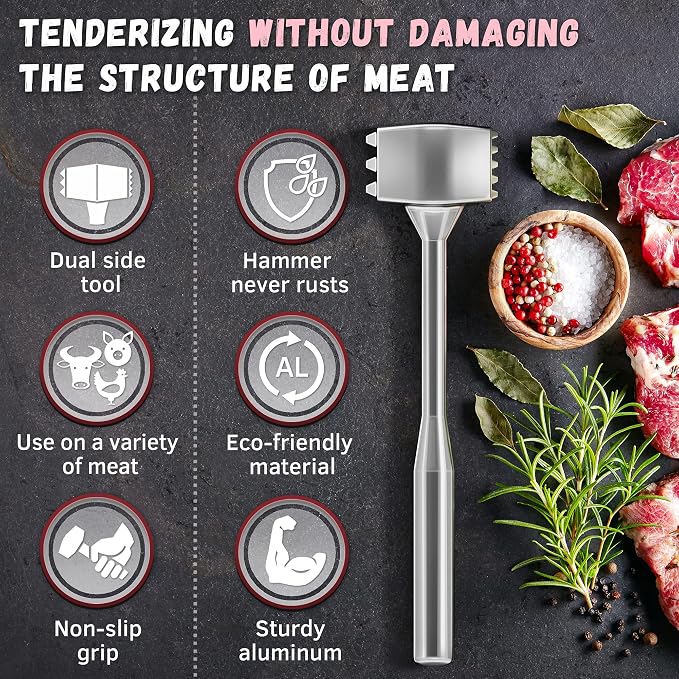 Meat Tenderizer 1 pcs Aluminium Mallet Dual-Sided - Tenderizer Tool Kitchen Pounder - Home Hammer for Tenderizing Ice Steak Stainless Veal & Chicken Safe Beater 1309479