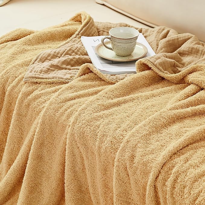 EMME Muslin and Fleece Throw Blanket Reversible - 50"*60" Beige Soft Warm Throw Blankets for Couch Bed Picnic Travel Bed