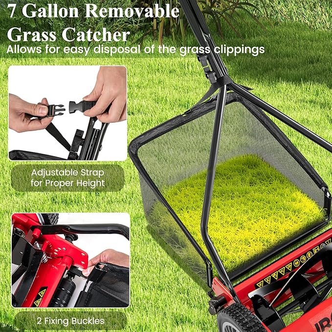 Goplus Manual Lawn Mower, 14 Inch 5-Blade Walk-Behind Cordless Grass Cutter with 7 Gallon Removable Grass Collect Bag, Adjustable Cutting Heights, Push Reel Lawn Mower for Yard, Garden