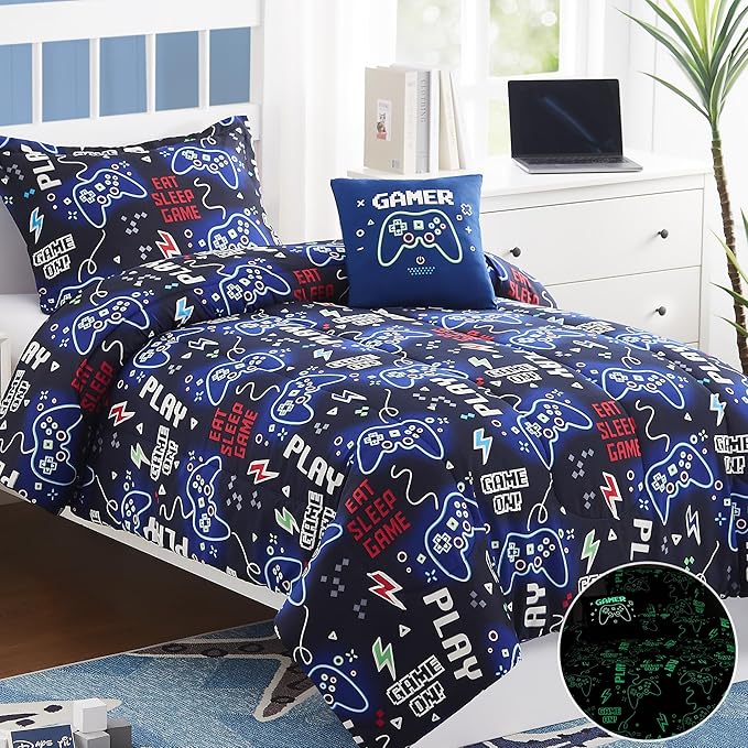 Kids Comforter Set Twin Size for Boys, Glow in The Dark Black Gamer Bedding Set Twin-1 Twin Comforter, 1 Decor Pillow, 1 Pillow Sham