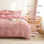 Old Pink Plush Fluffy Comforter Cover Set Queen - Ultra Soft Faux Fur Old Pink Bedding Sets 3 Pieces (1 Fuzzy Duvet Cover + 2 Pillow case) Shaggy Bed Set (Old Pink, Queen)