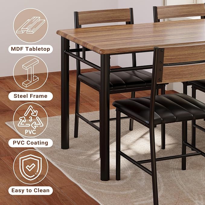 IRONCK Dining Table Set for 4, Walnut | Wood Kitchen Table with Upholstered Chairs for Kitchen Room and Small Spaces