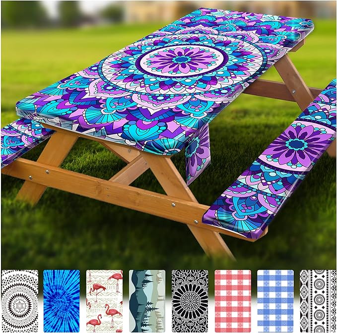Fitted Picnic Table Cover with Bench Covers Vinyl Waterproof Elastic Edges Fitted Rectangle Tables Patio Tablecloth Camping Gear and Essentials Rv Accessories Road Trip Supplies Car Travel Must Haves