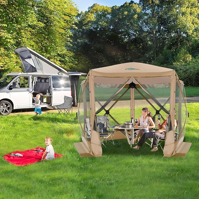 COBIZI 10x10ft Pop up Gazebo Screen House Tent for Camping, Pop-up Camping Canopy with Mesh Windows,Portable Outdoor Quick-Set Hub Tent with Carrying Bag&Ground Stakes,Khaki(Upgraded 2.0)