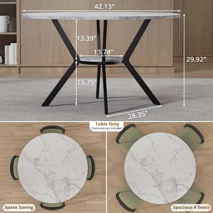 42" Round Dining Table for 2-4, Modern Kitchen Table with Faux Marble Tabletop & Metal Legs, Space Saving Circle Table with Storage, Wood Kitchen & Dining Room Tables for Kitchen Dining Room