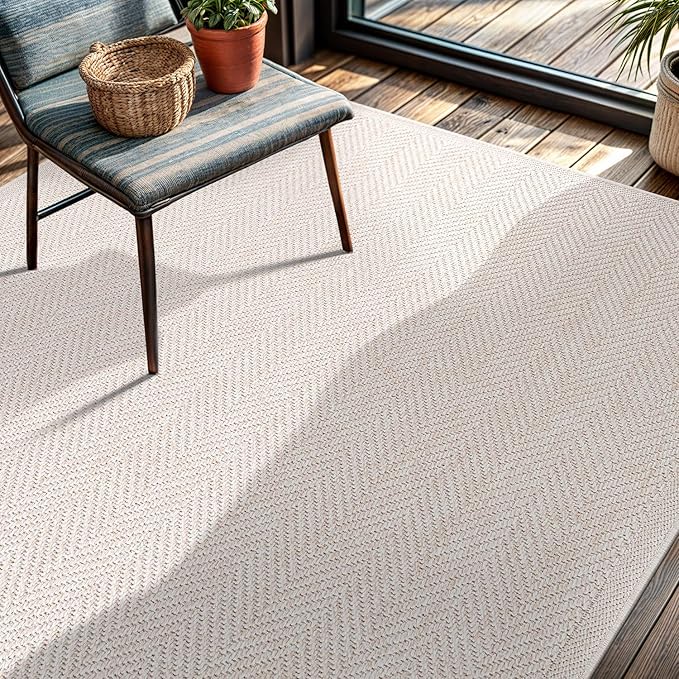 CAMILSON Easy Jute Rug 4x6, Indoor Outdoor Off-White Color Fiber Area Rugs for Living Room Patio and Kitchen Rug Herringbone Seagrass Woven Design Easy-Cleaning Washable Outside Carpet Alfombras 4 x 6