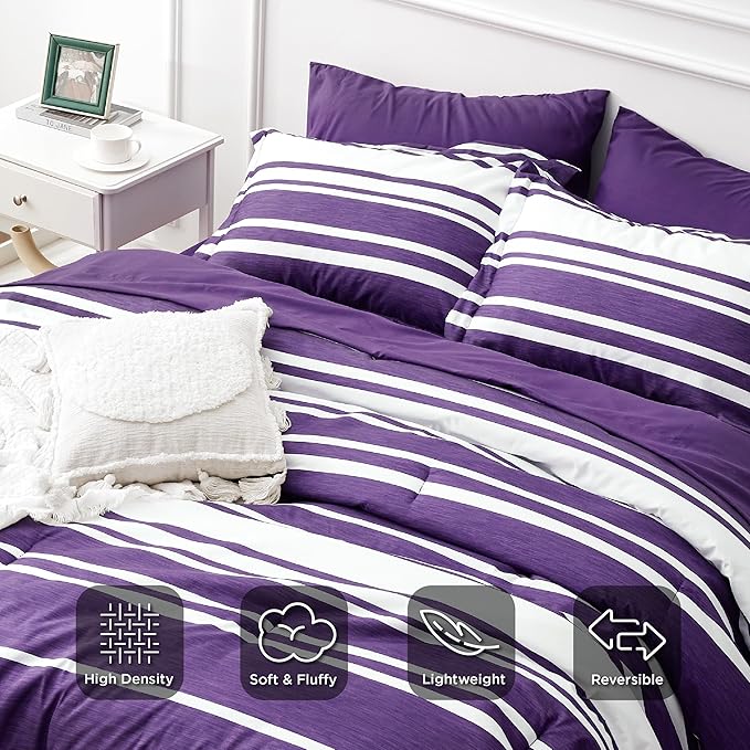 Bedsure Bed in a Bag Queen Size 7-Piece Purple White Striped Bedding Comforter Sets All Season Bed Set, 2 Pillow Shams, Flat Sheet, Fitted Sheet and 2 Pillowcases