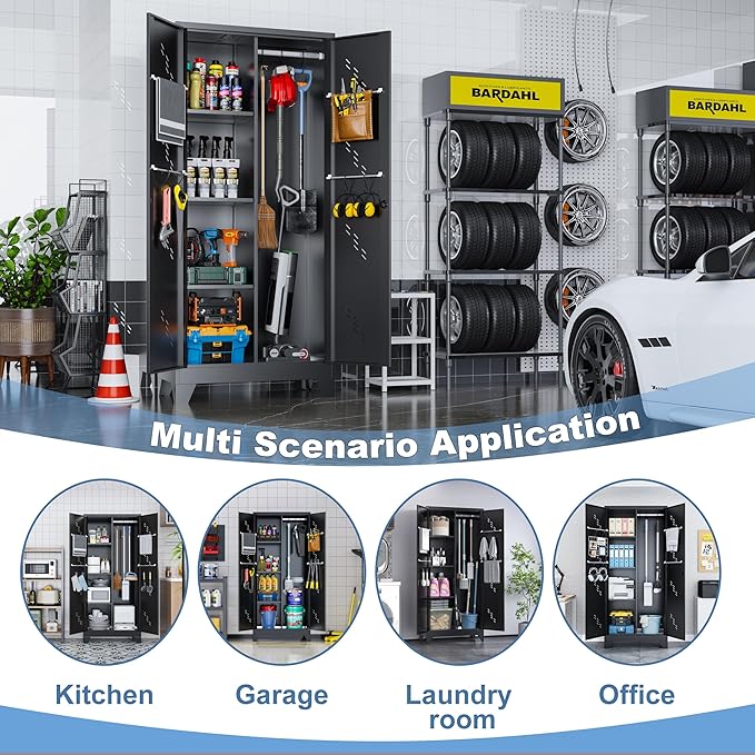 Metal Garage Storage Cabinet with Locking Doors, 71" Tall Broom Closet Storage Cabinet, Heavy Duty Garage Organization Cabinets, Steel Cabinet with Hanging Rod, Assembly Required