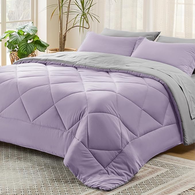 Bedsure Light Purple Queen Comforter Set - 7 Pieces Reversible Queen Bed in a Bag, Queen Bed Set Light Purple and Grey with Comforters, Sheets, Pillowcases & Shams