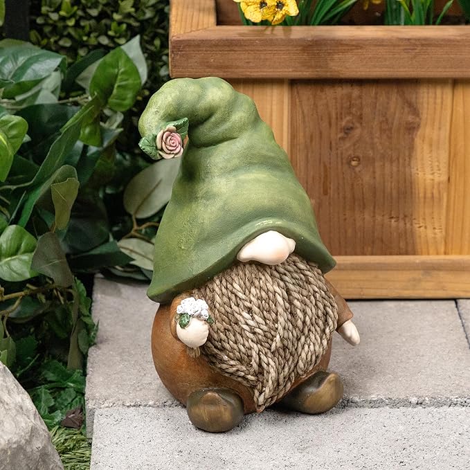 Alpine Corporation QWR1442 Outdoor Gnome with Green Hat Holding a Flower for Garden, Patio, and Lawn, 10" H, Multicolor