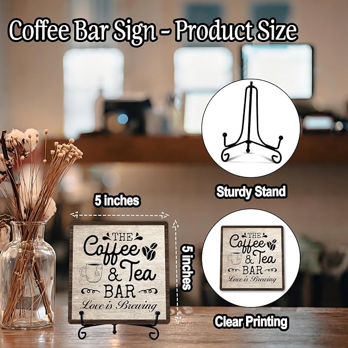 Coffee Bar Sign, Love is Brewing Farmhouse Tabletop Decor, Coffee and Tea Lover Gifts, 5x5 Wood Plaque with Iron Stand for Home Kitchen Cafe, Coffee Bar Decor – L10
