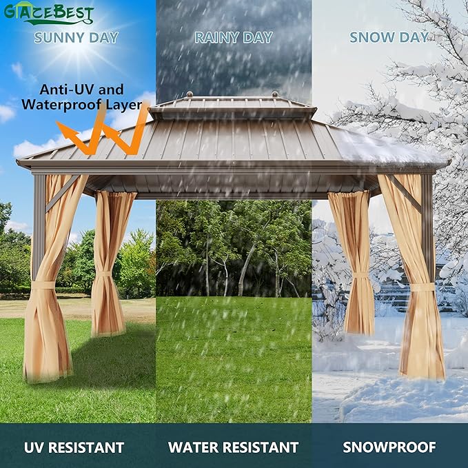 12x14 ft Hardtop Gazebo Outdoor Aluminum Patio Gazebo Double Roof Galvanized Steel Canopy with Netting and Curtains for Garden, Backyard,Deck and Lawns