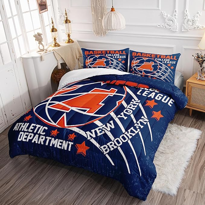 Datura home Basketball Comforter Sets for Boys Kids,Orange Blue Theme Basketball Championship American Style,Duvet 3Pcs in Quilt Sets with 1 Comforter and 2 Pillowcases(Orange Queen)