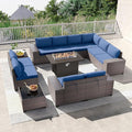 Kullavik 13PCS Outdoor Patio Furniture Set with 43" 55000BTU Gas Propane Fire Pit Table PE Wicker Rattan Sectional Sofa Patio Conversation Sets,Navy blue