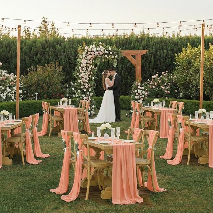 MDS Pack of 5 | Peach | 10ft Chiffon Table Runner 29x120 Inches Long Romantic Rustic Sheer Gauze Runner for Wedding Bridal Shower Birthday Banquets Engagement Spring Easter Boho Decorations