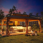 14' X 20' Hardtop Gazebo Outdoor Aluminum Patio Gazebo Double Roof Galvanized Steel Canopy Wooden Finish Coated with Netting and Curtains for Garden, Backyard,Deck and Lawns