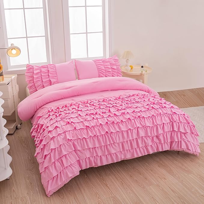 Pink Comforter Set Queen Size, 5 Pcs Bed in a Bag Girls Queen, Girls Queen Comforter Set, Girls Pink Bedding Queen, Teen Bedding Sets for Girls Kids