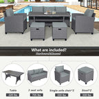 6-Piece Patio Furniture Set with Dining Table, Outdoor Garden Sectional Sofa, All-Weather Wicker Conversation Couch with Chairs, Stools and Cushions, Onesize, Gray Rattan