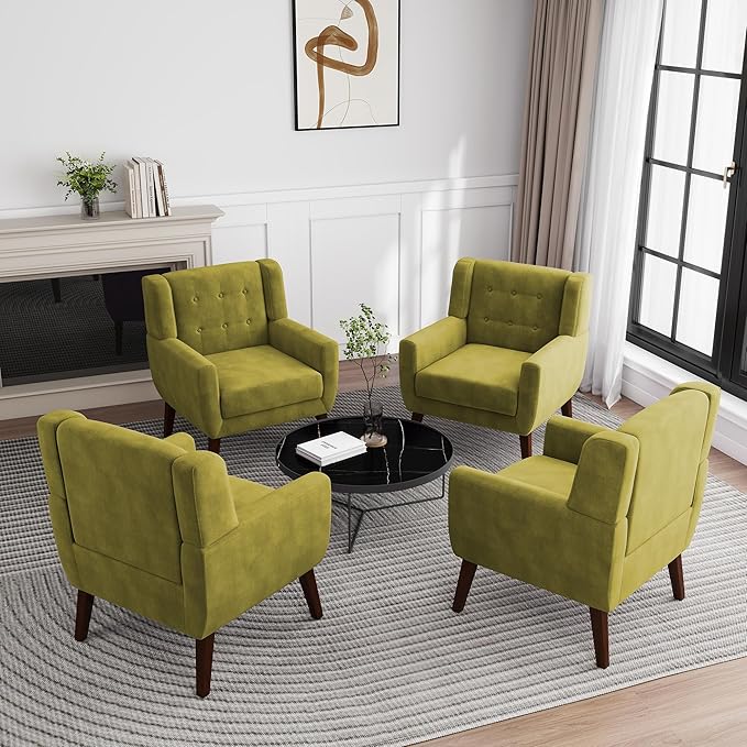 UIXE Accent Chair, Velvet Upholstered Armchair for Living Room, Modern Club Arm Chairs Comfy Single Sofa Button Tufted Bedroom Reading Seat - Green, Set of 4
