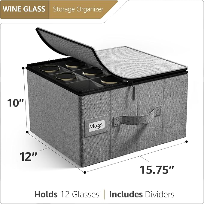 Sorbus Stemware Storage Cases Hard Shell, Wine Glass Storage Box Case with Dividers and Handle - China Storage Containers Holds 12 Crystal Glassware, Red White Wine Glasses, Champagne Flutes, Goblets