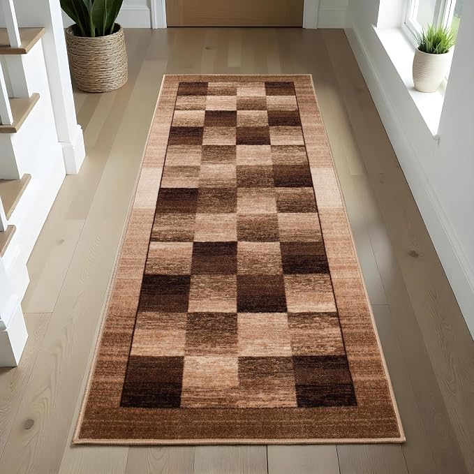 Superior Indoor Non-Slip Runner Rug, Rustic Floor Decor, Color Block Rug for Living Room, Bedroom, Office, Kitchen, Dining, Washable Rugs, Foam Back, Lockwood Collection, 2' 7" x 8', Chocolate