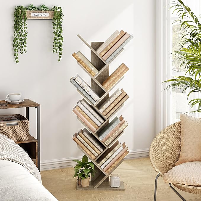 Hoctieon 10 Tier Tree Bookshelf, 10 Shelf Bookcase, Free Standing Tree Bookcase, Display Floor Standing Shelf for Books, Book Organizer Shelves for Home Office, Living Room, Bedroom, Greige
