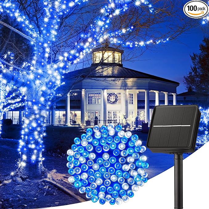Minetom Solar Christmas Lights Outdoor Waterproof, 40FT 100 LED Solar Lights with 8 Modes, Solar Christmas Outdoor Decoration, Solar String Lights for Outside House Tree Party Yard, Blue& Pure White