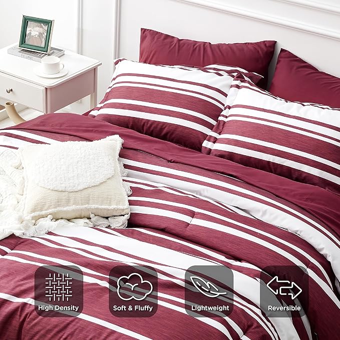Bedsure Bed in a Bag King Size 7-Piece Burgundy White Striped Bedding Comforter Sets All Season Bed Set, 2 Pillow Shams, Flat Sheet, Fitted Sheet and 2 Pillowcases