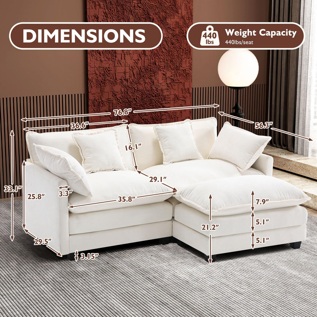 Ihanherry 111.4" L Shaped Modern Sofa Modular Sectional Cloud Couch with Ottoman, 4-Seat Chenille Deep Seat Sofa with Pillow for Living Room, Bedroom and Apartment, Beige
