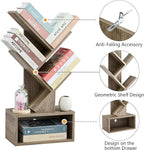 Hoctieon 3 Tier Tree Bookshelf, Modern Bookcase with Drawer, Freestanding Book shelf, Display Floor Standing Storage Shelf, Book Organizer Shelves for Home Office, Living Room, Bedroom, Greige