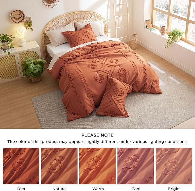 Bedsure Boho Comforter Set Twin - Terracotta Tufted Bedding Comforter Set, 2 Pieces Farmhouse Shabby Chic Embroidery Bedding Set, Soft Geometric Pattern Comforter for All Seasons