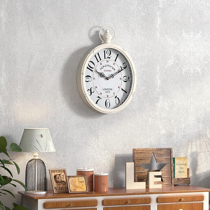 Menterry Oval Retro Wall Clock, Rustic Vintage Style, White Antique Design, Battery Operated Silent Decor Large Wall Clocks for Kitchen,Farmhouse,Office (15.5" H x 10.5" W)