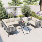 5-Piece Outdoor Furniture Sectional Conversation Sofa Set with Loveseat, Glass Table and Removable Cushions, All Weather Patio Woven Rope L-Shaped Couch for Garden Backyard, Gray+Beige