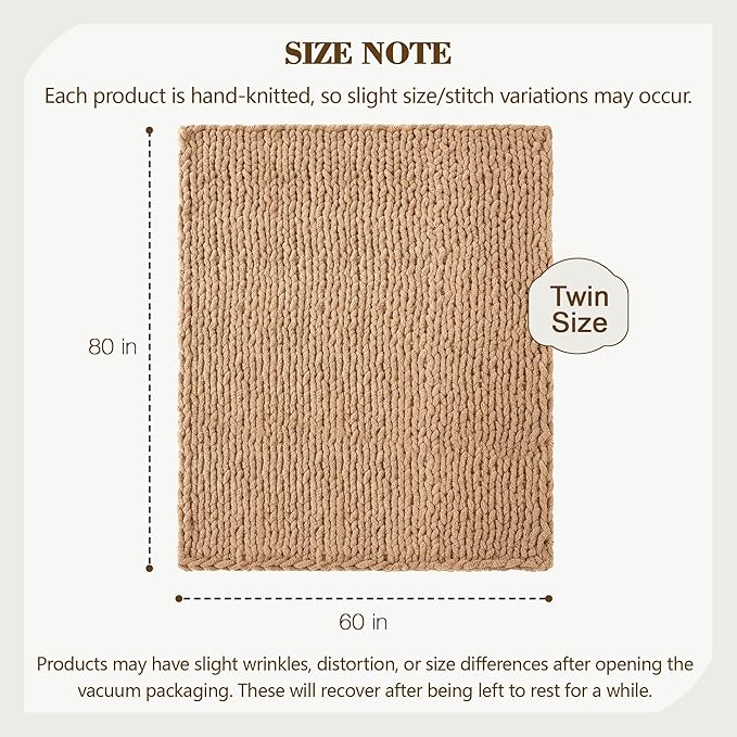 Carriediosa Chunky Knit Throw Blanket 60" X 80" Twin, 100% Hand Made Large Chenille Loop Yarn Soft Fluffy Throws for Couch Sofa Bed, Big Crochet Cozy Heavy Thick Cable Woven Blankets, Tan Brown