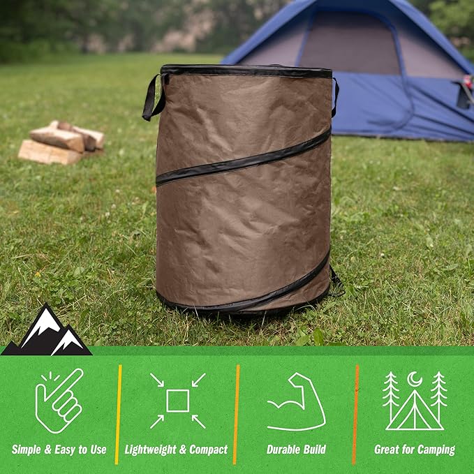 Wakeman Outdoor Trash Can - 46-Gallon Collapsible Garbage Can with 3 Stakes - Pop Up Trash Can for Camping, Storage, or Yard Waste Outdoors (Beige)