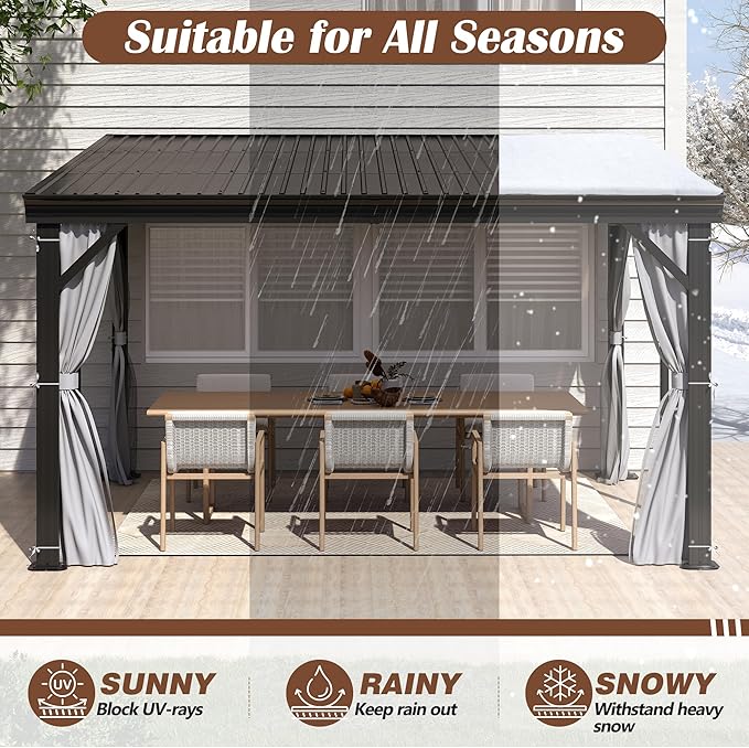 10' x 12' Hardtop Wall Mounted Gazebo, Lean to Gazebo with Galvanized Steel Roof Aluminum Frame Wall Gazebos Pergola with Netting&Curtains for Outdoor, Backyard, Patio