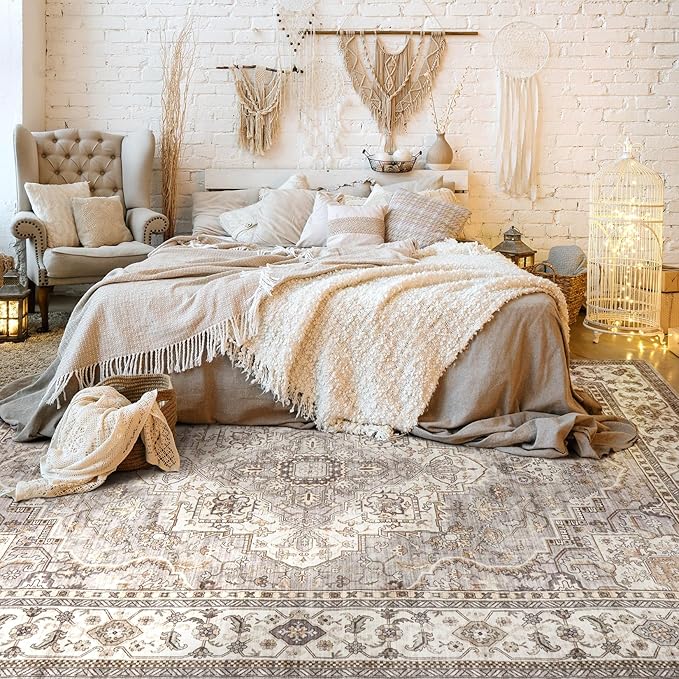 Washable Area Rugs for Living Room - 9x12 Neutral Vintage Distressed Floral Farmhouse Boho Large Soft Floor Rug Indoor Non Slip Carpet for Bedroom Dining Room Office - Grey Brown