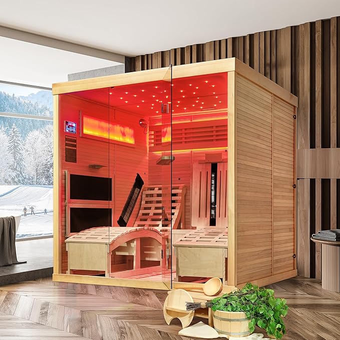 Infrared Sauna,2 Person Luxurious Indoor Sauna with Recliner, Wooden Sauna with 7-Color Starry Ceiling,9 Heating Tubes,5 Carbon Panels,2-in-1 Door Handle,Himalayan Salt Brick,220V